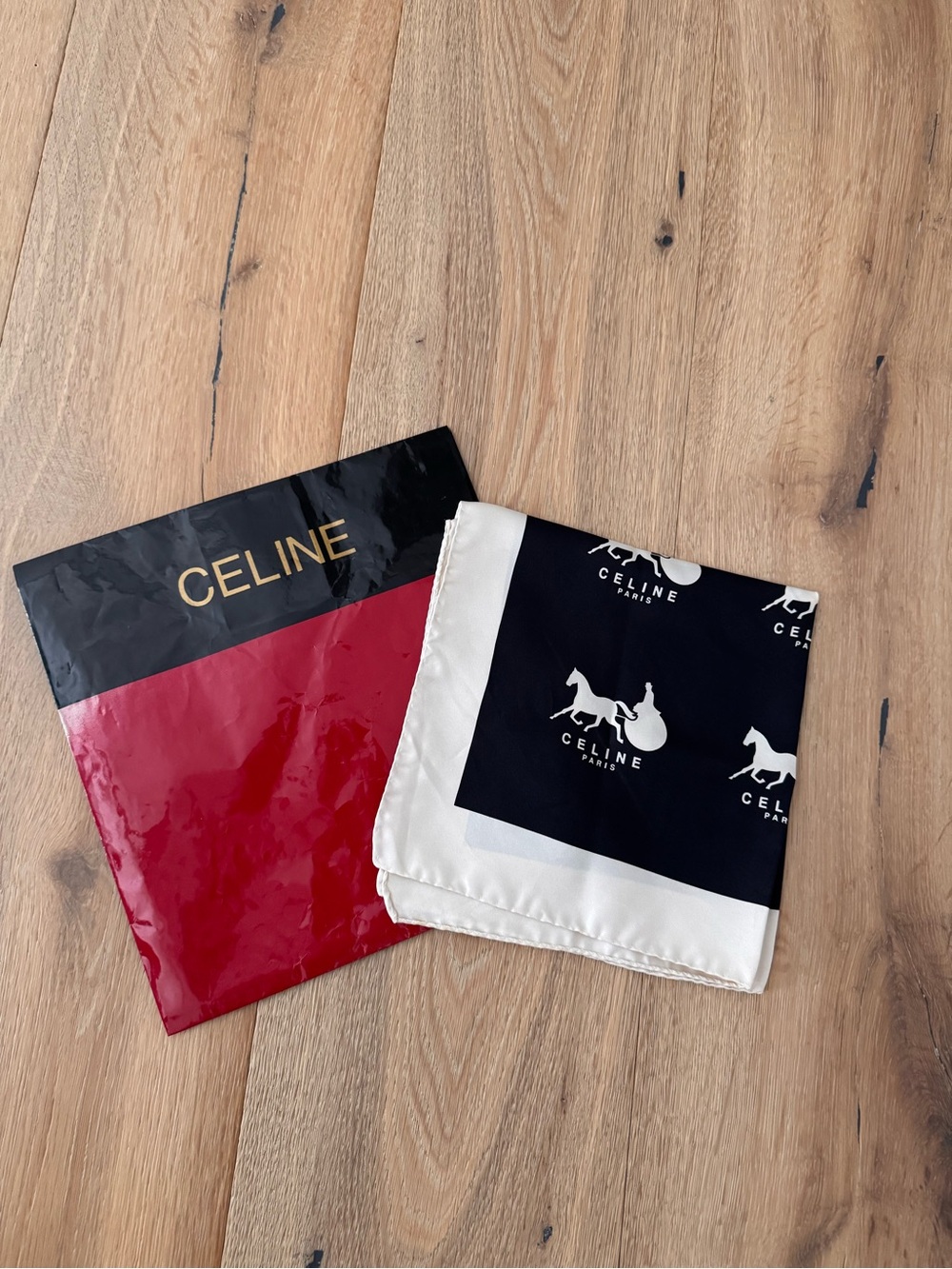 Vintage CELINE Paris Black & Cream Silk Scarf